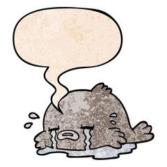 cartoon crying fish and speech bubble in retro texture style