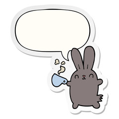 cute cartoon rabbit and coffee cup and speech bubble sticker