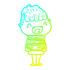 cold gradient line drawing cartoon happy boy with new books