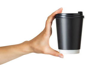 Woman hand holding coffee paper drinking cup