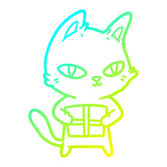 cold gradient line drawing cartoon cat holding parcel