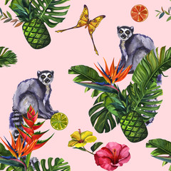 Tropical wildlife lemur seamless pattern. Madagascar animals, flowers ornament