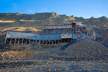 old wooden Ruins of old coal mine Nr. 2 near Longyearbyen - Svalbard, Norway