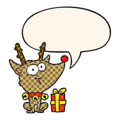 cartoon christmas reindeer and speech bubble in comic book style
