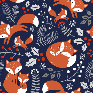 Seamless vector pattern with cute hand drawn fox family and leaves. 