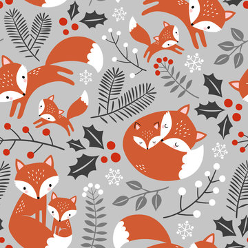 Seamless vector pattern with cute hand drawn fox family and leaves. 