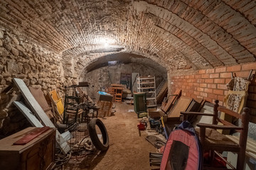Interior of a basement full of objects