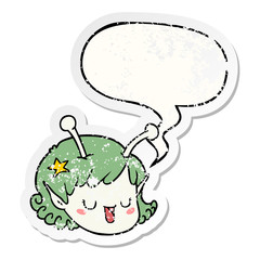 cartoon alien space girl face and speech bubble distressed sticker
