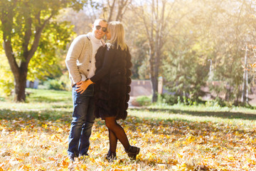 Fototapeta premium Young couple in love holding hands and walking through a park on a sunny autumn day
