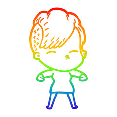 rainbow gradient line drawing cartoon squinting girl