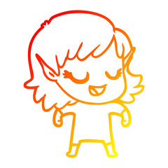 warm gradient line drawing happy cartoon elf girl