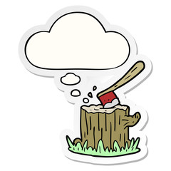 cartoon axe in tree stump and thought bubble as a printed sticker