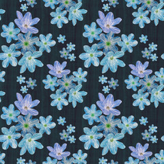 Blue flowers on a design background. Seamless botanic pattern. Decorative ornament. Flowers drawn for design. Decorative composition of flowers.