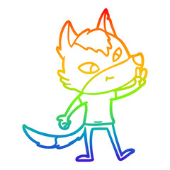 rainbow gradient line drawing friendly cartoon wolf giving peace sign