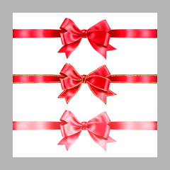 Set of three realistic red silk ribbon bow with gold glitter shiny stripes, vector illustration elements isolated on white, for decoration, promotion, advetrisment,sale or celebration banner
