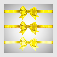 Set of three realistic yellow silk ribbon bow with gold glitter shiny stripes, vector illustration elements, for decoration, promotion, advetrisment, sale or celebration banner or card