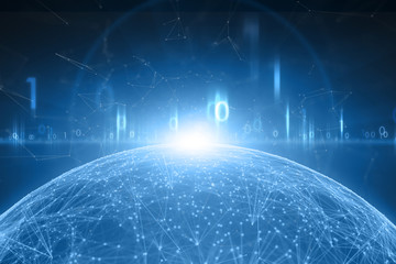 Shiny blue digital sphere with shiny computer binary numbers network. 3d illustration.
