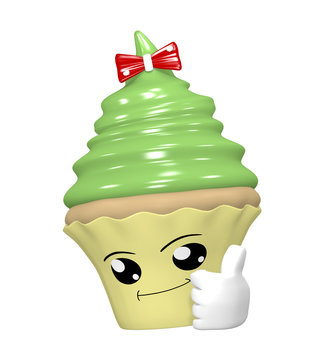 lustiges Cupcake Emoticon im Kawaii Stil mit Daumen hoch.