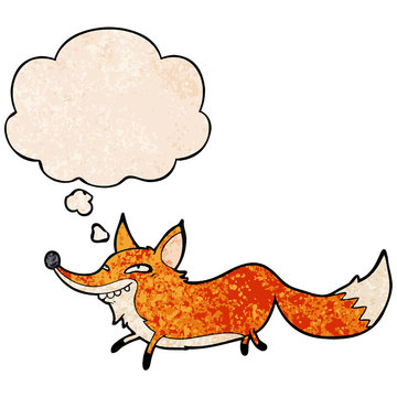 cartoon sly fox and thought bubble in grunge texture pattern style