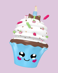 niedlicher Kawaii Emoticon als Cupcake Geburtstagskerze.