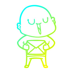 cold gradient line drawing happy cartoon bald man with package