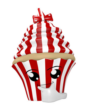 lustiges Cupcake Emoticon im Kawaii Stil in typischer Denkerpose.