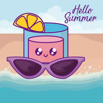 Summer Label With Sunglasses And Cocktail Kawaii