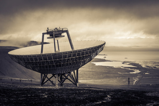EISCAT Svalbard Radar (ESR) near Longyearbyen, Adventdalen fjord in the background, Spitzbergen, Svalbard