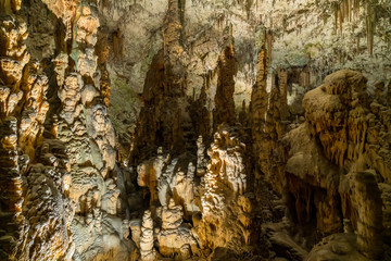 Stalactites and stalagmites underground in cave system in Postojna