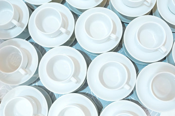 cups for coffee or tea, top view. background with cups many cups background, top view