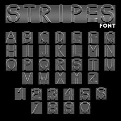 Vector font. Volume font for posters, banners, headlines. Stripes font. Stripes alphabet letters and numbers vector illustration