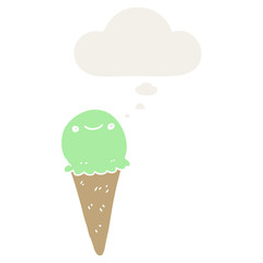 cartoon ice cream and thought bubble in retro style