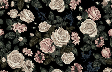 Elegant seamless pattern of blush toned rustic roses in black background great for textile print, background, handmade card design, invitations, wallpaper, packaging, interior or fashion designs.