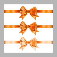 Set of three realistic light orange silk ribbon bow with gold glitter shiny stripes, vector illustration elements isolated on white, for decoration, promotion, advetrisment, sale or celebration banner