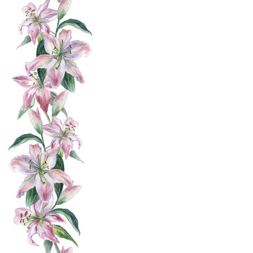 Watercolor seamless pattern with white and pink watercolor lilys on a white background.