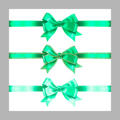 Set of three realistic mint green silk ribbon bow with gold glitter shiny stripes, vector illustration elements isolated on white, for decoration, promotion, advetrisment, sale or celebration banner