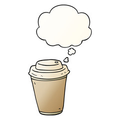 cartoon takeout coffee cup and thought bubble in smooth gradient style