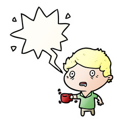 cartoon man jittery from drinking too much coffee and speech bubble in smooth gradient style