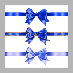 Set of three realistic blue silk ribbon bow with gold glitter shiny stripes, vector illustration elements isolated on white, for decoration, promotion, advetrisment,sale or celebration banner or card