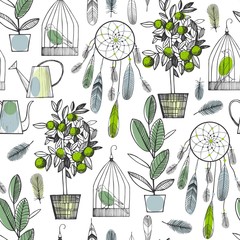 Vector seamless pattern  with  hand drawn plants and birds.