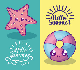 summer label with float and starfish kawaii