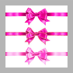 Set of three realistic magenta pink silk ribbon bow with gold glitter shiny stripes, vector illustration elements isolated on white, for decoration, promotion, advetrisment,sale or celebration banner