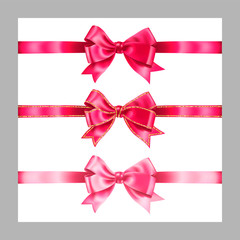 Set of three realistic pink silk ribbon bow with gold glitter shiny stripes, vector illustration elements isolated on white, for decoration, promotion, advetrisment,sale or celebration banner
