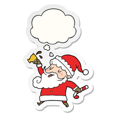 cartoon santa claus with hot cocoa and thought bubble as a printed sticker