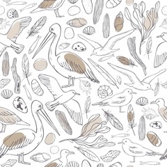 Seamless vector pattern with hand drawn seagulls and pelicans.