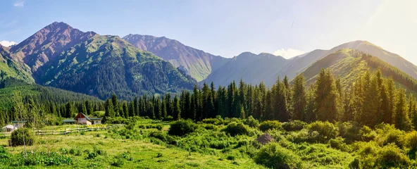 Tuinposter Panorama of the mountain valley in the summer. Amazing nature, mountains, lit by the sun in clear weather, summer in the mountains. Travel, tourism, beautiful background, a picture of nature © Юрий Кузнецов