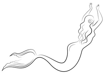 Silhouette of a mermaid. Beautiful girl is floating in the water. The lady is young and slender. Fantastic image of a fairy tale. Vector illustration.