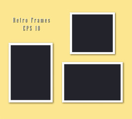 Retro photo frames set isolated on yellow background. Collection of picture borders with shadows. Vector illustration in simple vintage style.