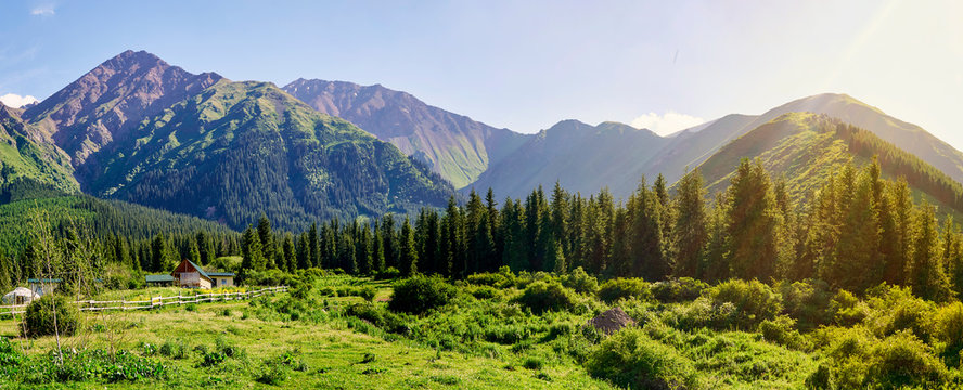 Panorama of the mountain valley in the summer. Amazing nature, mountains, lit by the sun in clear weather, summer in the mountains. Travel, tourism, beautiful background, a picture of nature