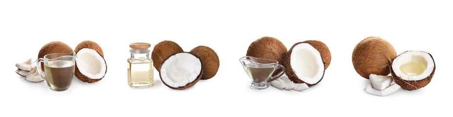 Set with coconut oil and nuts on white background